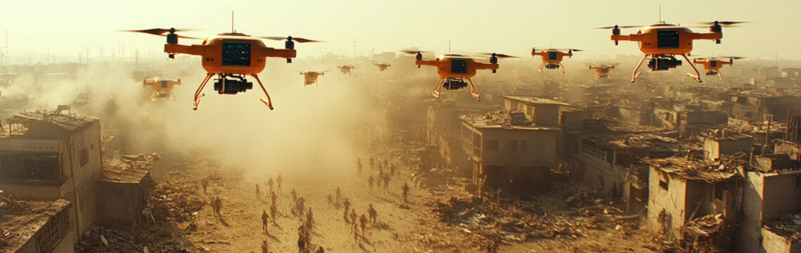 A swarm of drones hovers above a devastated city area while individuals move cautiously through the rubble after a catastrophe