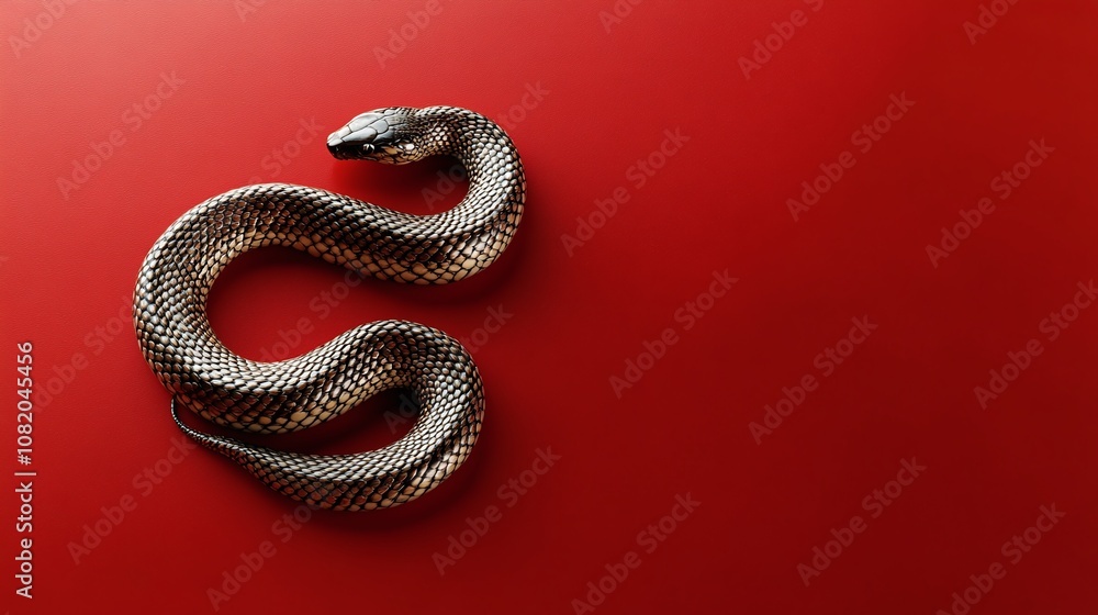 Poster a close-up view of a coiled snake on a smooth red background, showcasing intricate patterns and text