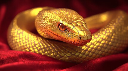 Fototapeta premium A Stunning Close-up of a Realistic Golden Snake on a Luxurious Red Velvet Fabric, Showcasing Intricate Scales and Mesmerizing Eyes