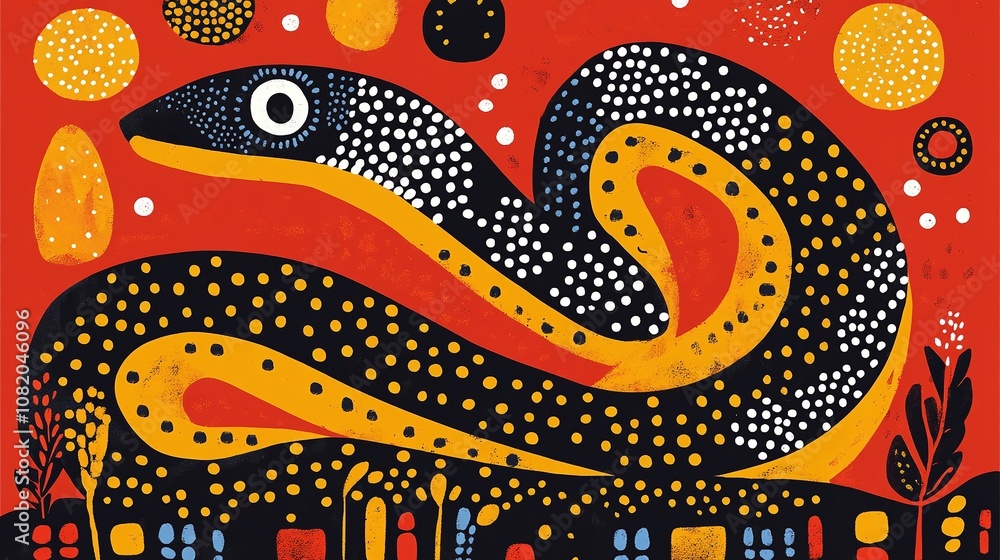 Poster abstract artistic representation of a snake against a bold red background featuring vibrant colors a