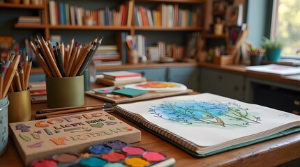 Art store. Drawing and drawing supplies. Colored pencils, watercolors, album sheets with drawings.