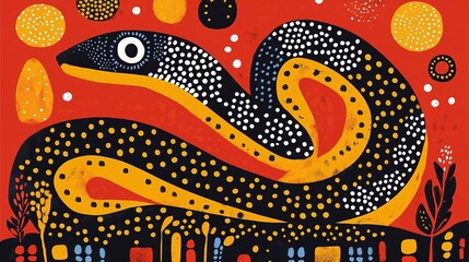 Abstract Artistic Representation of a Snake Against a Bold Red Background Featuring Vibrant Colors and Patterns with Geometric Shapes and Botanical Elements