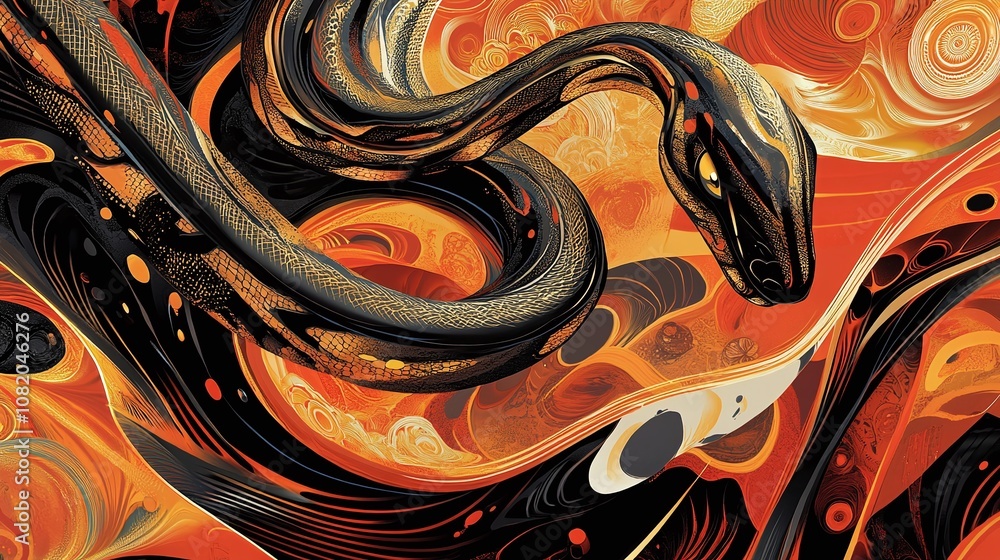 Poster abstract illustration of a snake in fiery tones, blending swirls of black and orange with intricate 