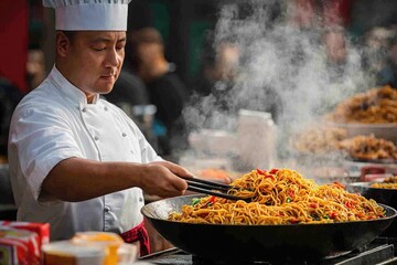 A chef is cooking food in a wok, great for food and kitchen scenes