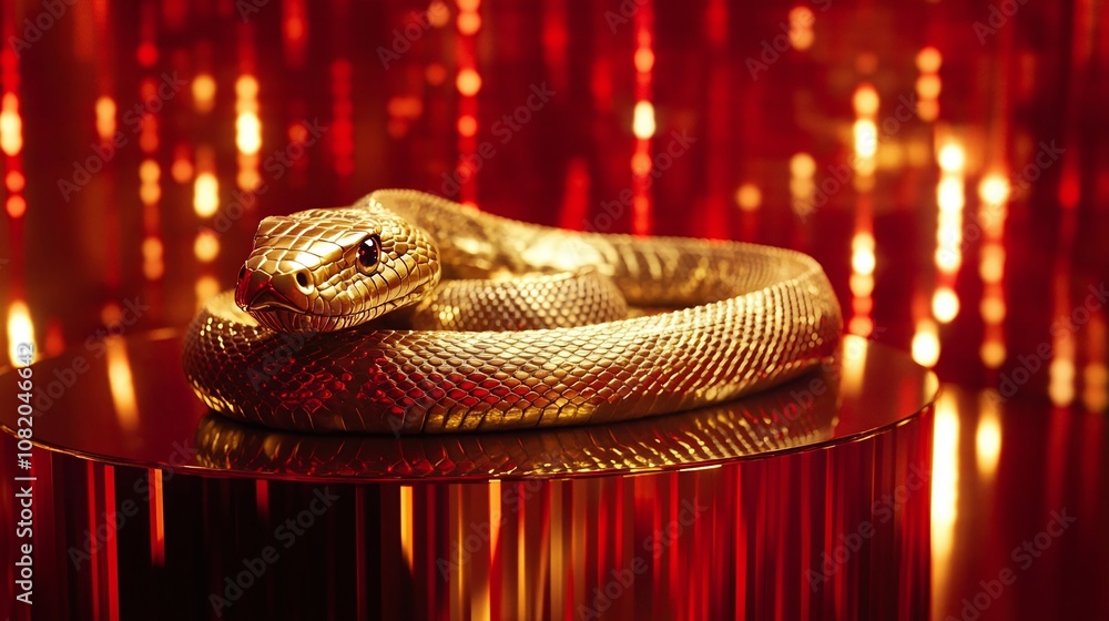 Poster artistic representation of a golden snake on a reflective surface with a shimmering red background, 