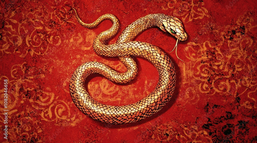 Poster artistic illustration of a snake on a textured red background with ornamental patterns showcasing it