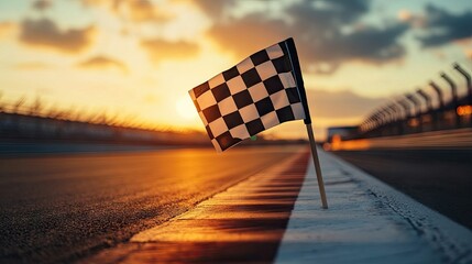 A checkered flag against a blurred racetrack, symbolizing the competitive spirit of motorsport.