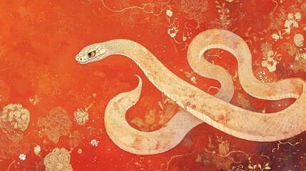 Obraz premium Artistic Representation of a Serpent Against a Vibrant Red Background Featuring Floral Elements and Intricate Textures for a Unique Visual Experience