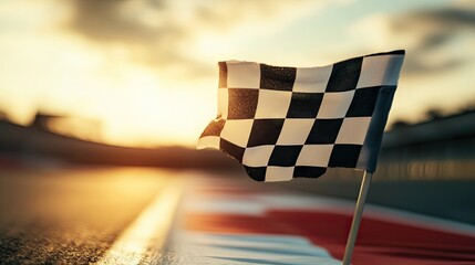 A checkered flag against a blurred racetrack, symbolizing the competitive spirit of motorsport.