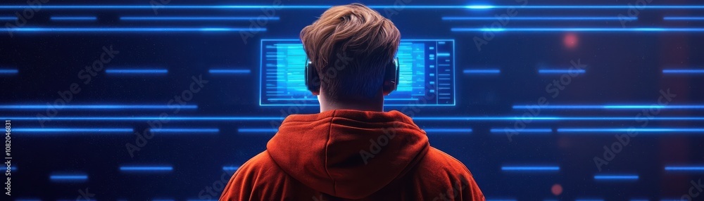 Poster quantum computing of cryptography concept. a person in a hoodie is looking at a glowing digital inte