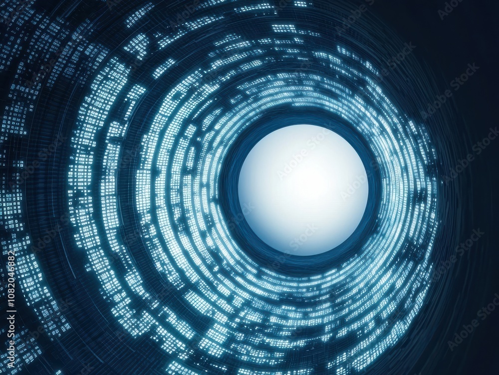 Poster quantum computing of cryptography concept. a futuristic tunnel of digital data leading to a bright w