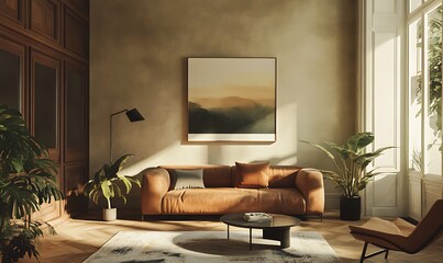 Frame blank and empty mockup, ISO A paper size. Living room wall poster mockup. Interior mockup with house background. Modern interior design. 3D rende.