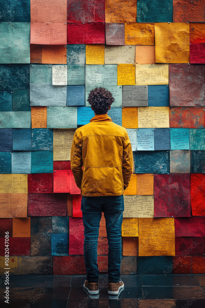 Aufkleber a person stands in front of a colorful wall adorned with sticky notes, reflecting on the artistic di