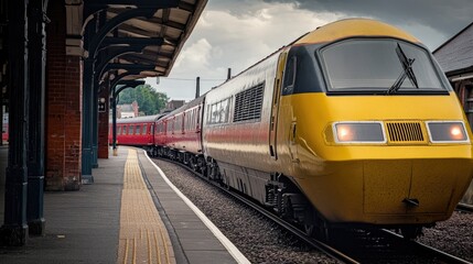 Fototapeta premium A yellow train travels along the tracks next to a bustling train station