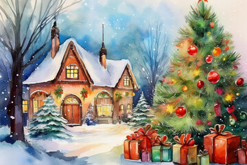 watercolor illustration christmas village cosy vibes