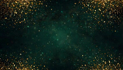 Dark teal background with gold glitter falling from the top and sides.