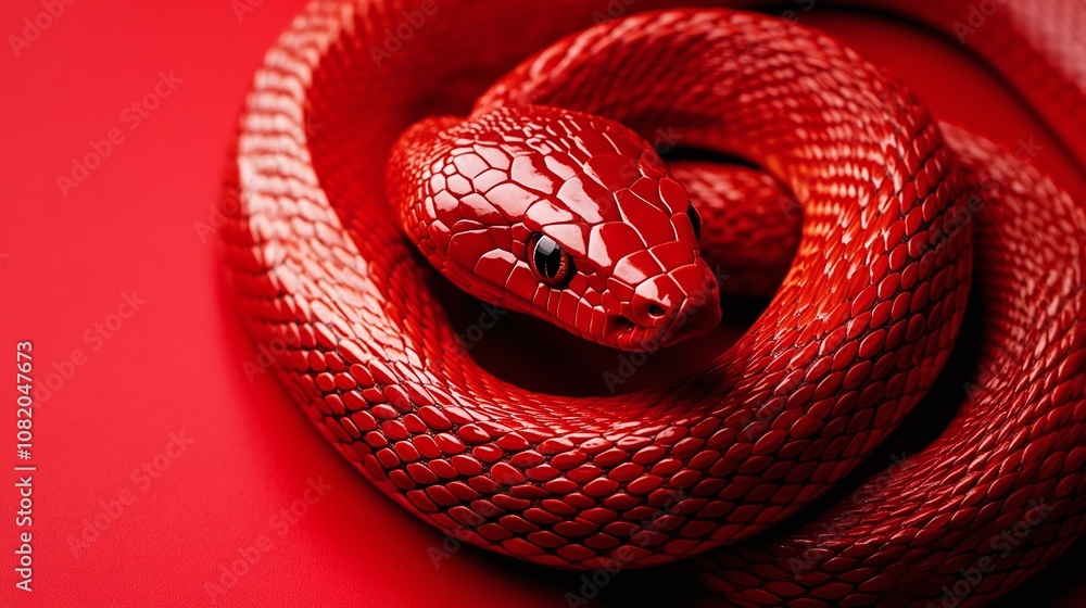 Poster close-up of vibrant red snake on smooth red background capturing unique texture and color detail for
