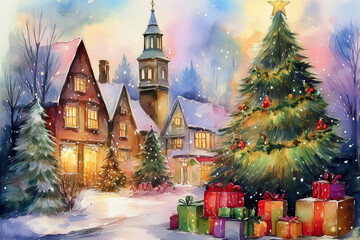 watercolor illustration christmas village cosy vibes