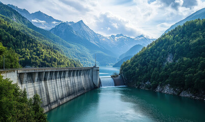 majestic dam in lush mountainous valley, with water cascading down into turquoise reservoir