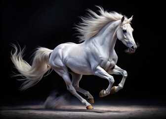 White Horse Running - Black Background - AI Photo