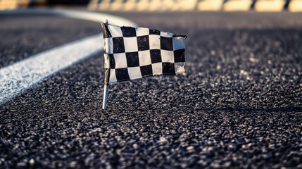 A checkered flag resting on a racetrack asphalt, signifying the calm after a race.