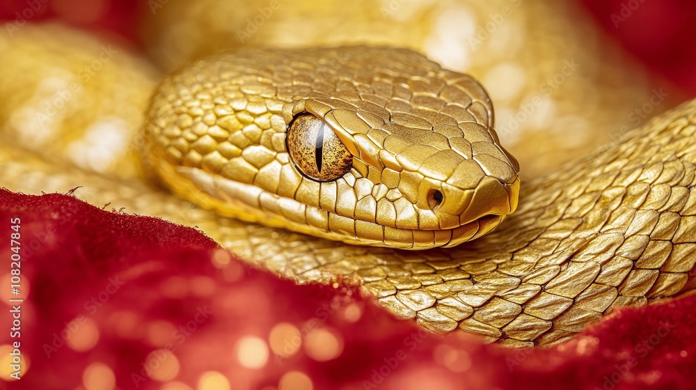 Poster close-up view of a golden snake reflecting intricate scales and mesmerizing eyes on a plush red back