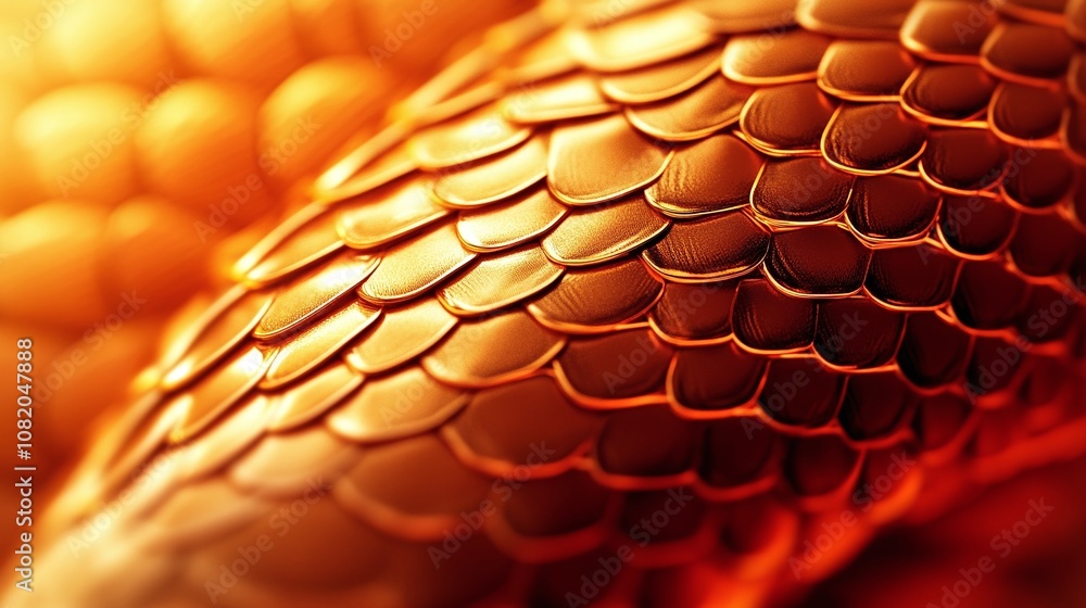 Poster close-up view of shimmering golden scales showing intricate texture and patterns, perfect for repres