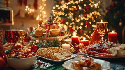 Festive holiday table filled with delicious treats and decorations for celebration.