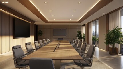 Fototapeta premium A well-designed meeting space with ergonomic seating, advanced AV setup, and natural light, providing comfort and functionality