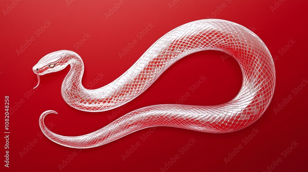 Poster elegant and artistic representation of a snake on a bold red background, featuring a semi-transparen