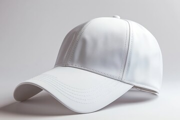 Fototapeta premium White cap with stitched detailing on a plain gray background. Studio product photography emphasizing texture and clean design. Ideal for branding, advertising, and promotional materials.