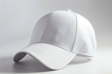 White cap with stitched detailing on a plain gray background. Studio product photography emphasizing texture and clean design. Ideal for branding, advertising, and promotional materials.