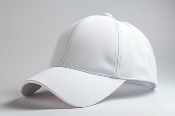 White cap with stitched detailing on a plain gray background. Studio product photography emphasizing texture and clean design. Ideal for branding, advertising, and promotional materials.
