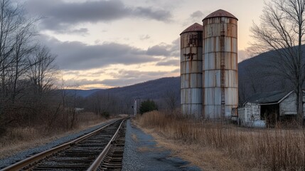 Rusted Silos Beside a Railroad Track in a Rural Setting