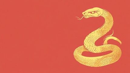 Fototapeta premium Elegant golden snake coiled against a vibrant red background, showcasing intricate scales and a fierce expression, symbolizing strength and perseverance in design.