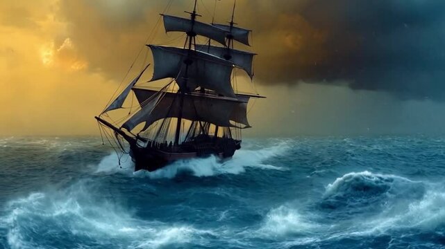 Sailing Ship in a Storm.  AI generated video.  An animation of a painting of a sailing ship from the 1800&rsquo;s caught in a storm.