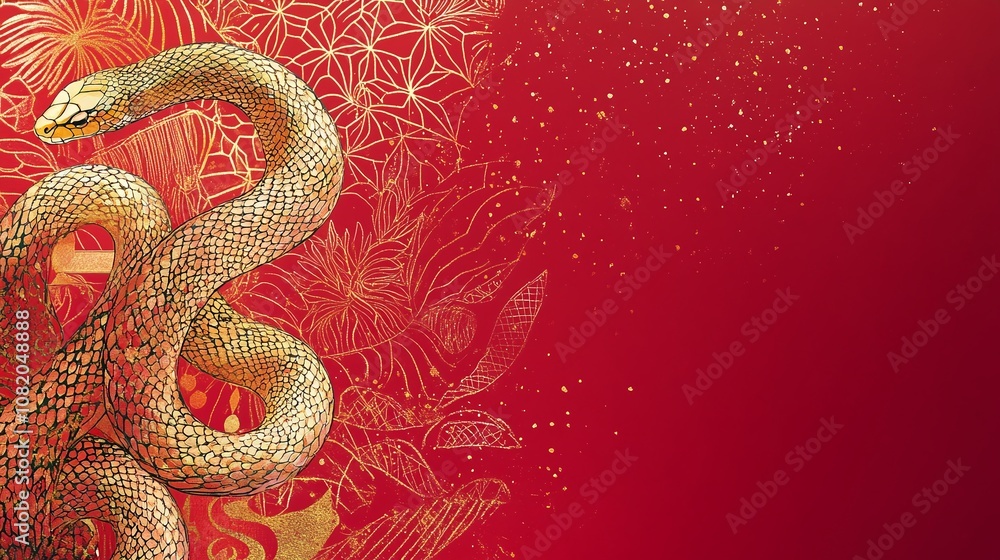 Poster elegant golden snake coiling against rich red background with delicate floral patterns and subtle gl
