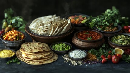 Fototapeta premium Assorted indian food. indian food. Ultra realistic. Photorealistic hypermaximalist advertising photography hyper realistic fine detail
