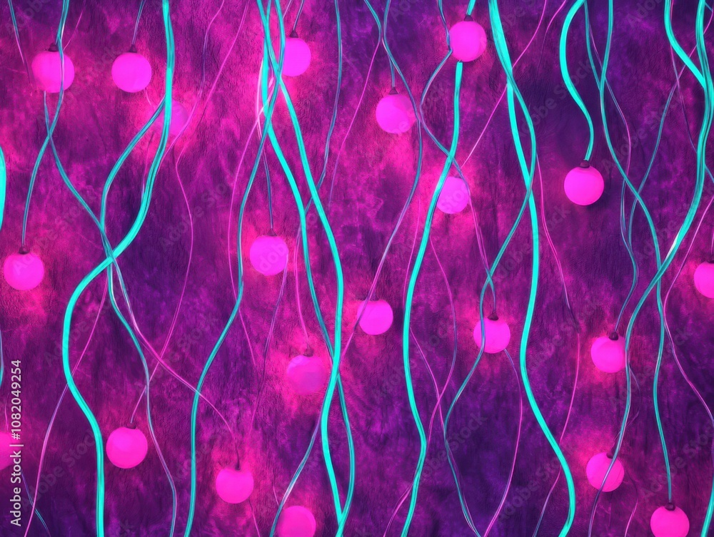 Poster vibrant light strings and circular patterns abstract art installation digital artwork neon colors ae