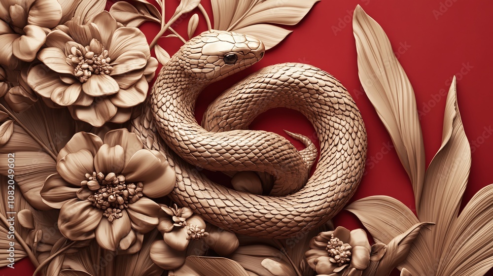 Poster elegant snake and floral design in terracotta style featuring intricate details on a vibrant red bac