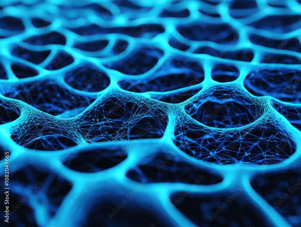 Poster exploring intricate blue network patterns in abstract science visualization digital art close-up vie