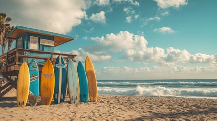 A group of surfboards standing upright near a lifeguard tower, waves rolling in under a partly cloudy sky