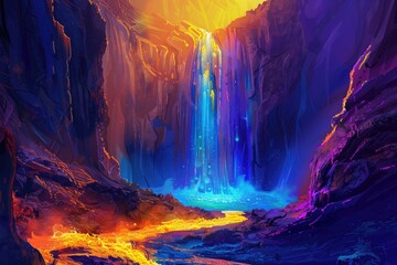 Fototapeta premium A Colorful Waterfall Flowing into a Pool of Lava