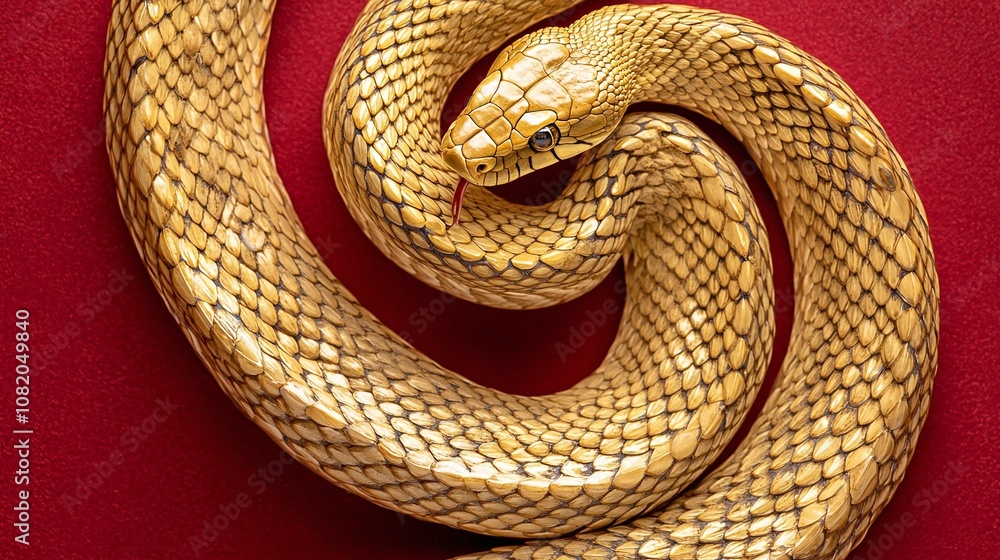Poster exquisite golden snake displayed on deep red velvet, showcasing intricate scale patterns and unique 