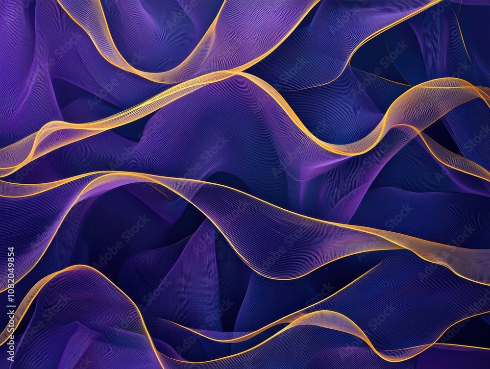 Aufkleber dynamic flow of vibrant waves abstract digital art purple and gold color palette modern design close