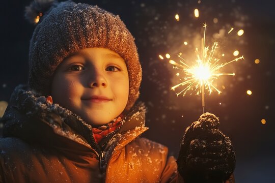 a boyl kid look happy hold a firework, with winter clothes, hyper realistic model, 8k, uhd, isolated background, copy space, clean, generative ai