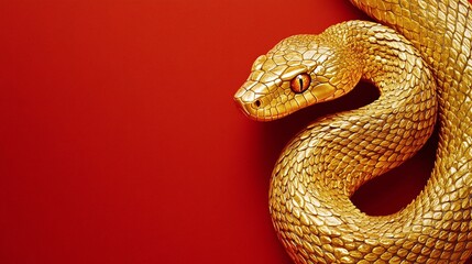 Fototapeta premium Glimmering Golden Snake on Vibrant Red Background, Captivating and Striking Visual for Nature and Wildlife Enthusiasts, Perfect for Diverse Creative Projects