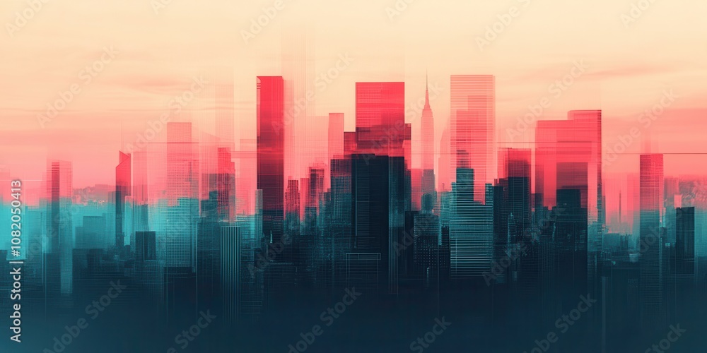 Poster a surreal cityscape featuring vibrant colors and blurred lines, creating an abstract representation 
