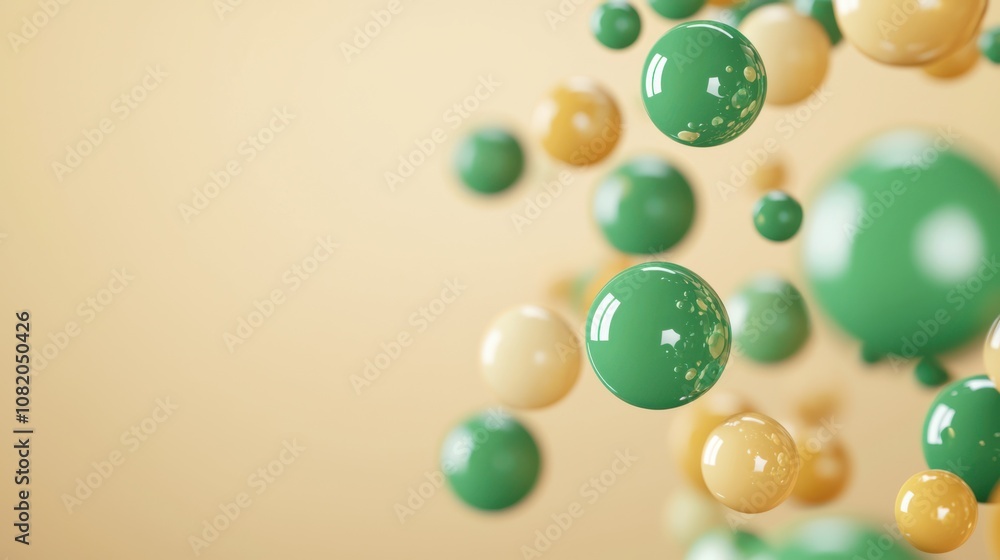 Poster dynamic green and yellow spheres floating in air abstract art studio setting close-up view modern de