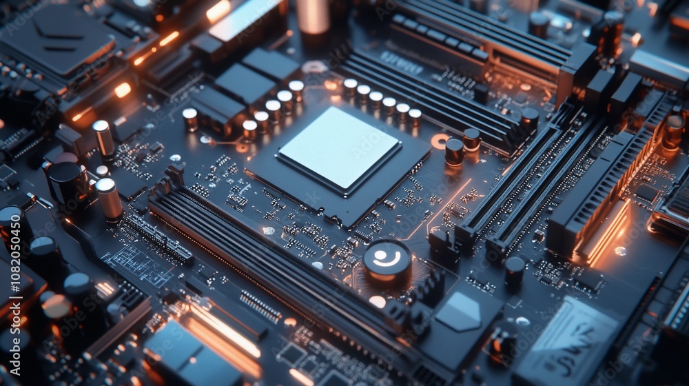 Leinwandbilder close-up of a computer motherboard with a cpu in the center, illuminated with warm light.